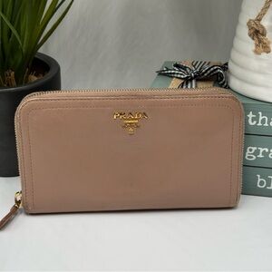 PRADA Vitello Grain Leather Zip Around Wallet - Cameo Beige